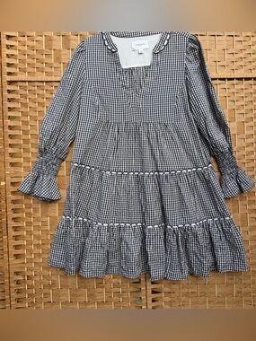 Pomander Place Blue and Cream Gingham Tiered Dress Women’s Medium